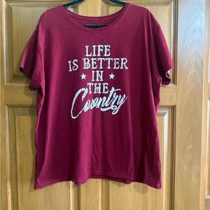 Women's Burgundy Graphic Tee - "Life Is Better in the Country" PTP 26.